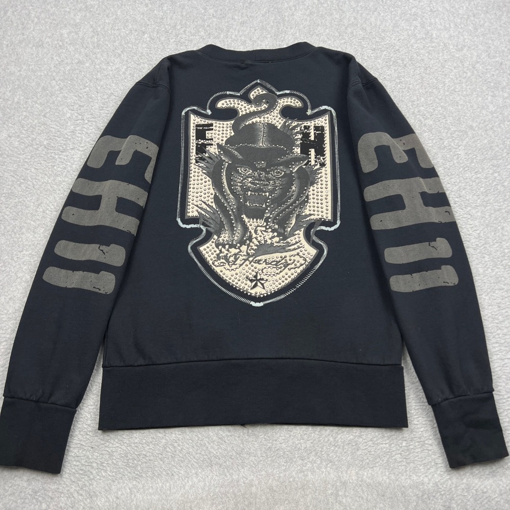 Ed Hardy Cardigan Mens Small Black Panther Graphic Studded Rhinestone V-Neck